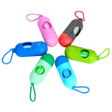 Colorful pet waste bag dispensers in pink, green, blue, gray, and teal for easy cleanup during walks.
